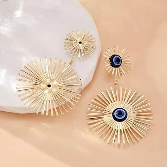 Dazzling Devil Eye Dangle Earrings Stainless Steel Gold Tone - Picture 4 of 12